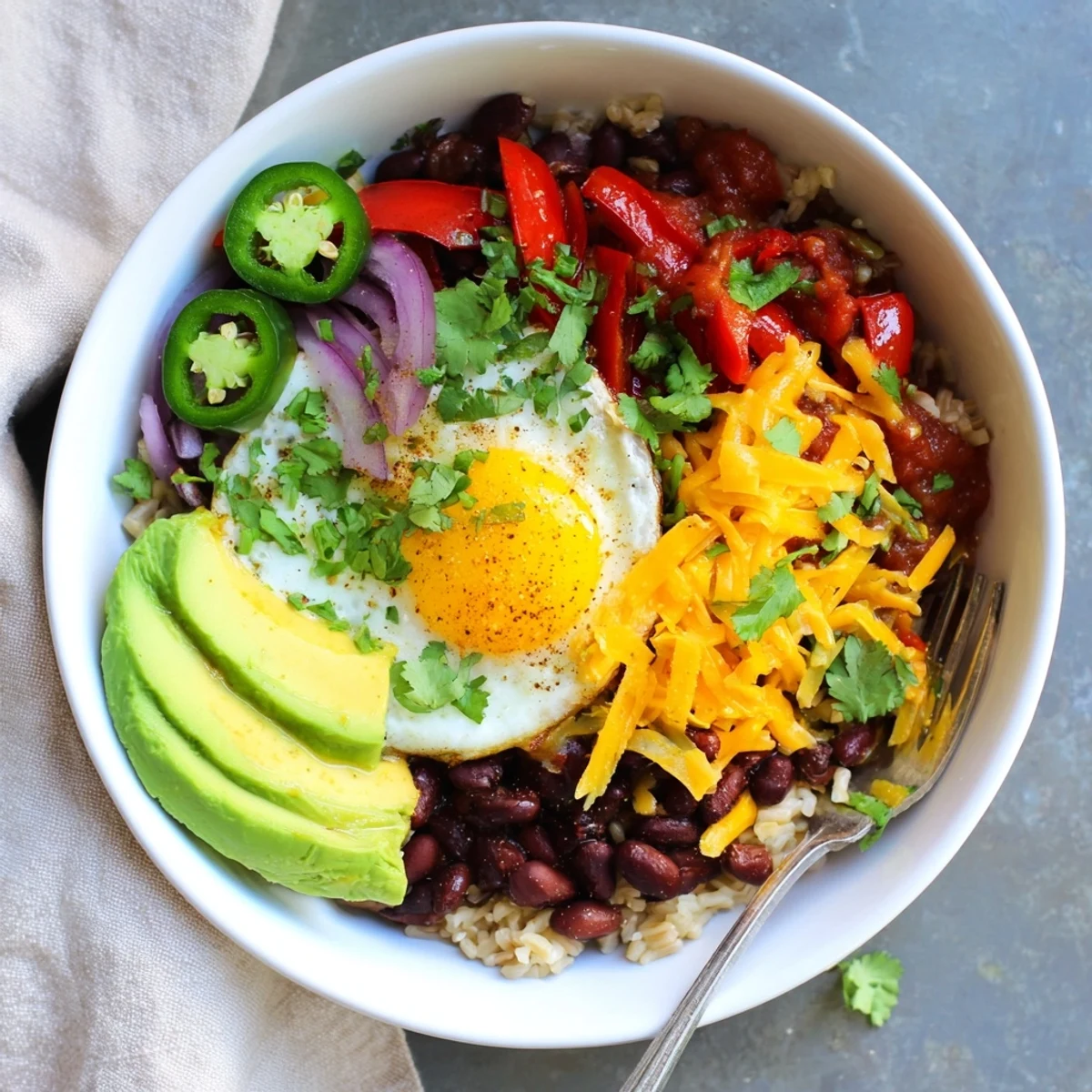 Enjoy a Tex Mex Inspired Breakfast Bowl brimming with fresh cilantro, zesty salsa, and colorful veggies.