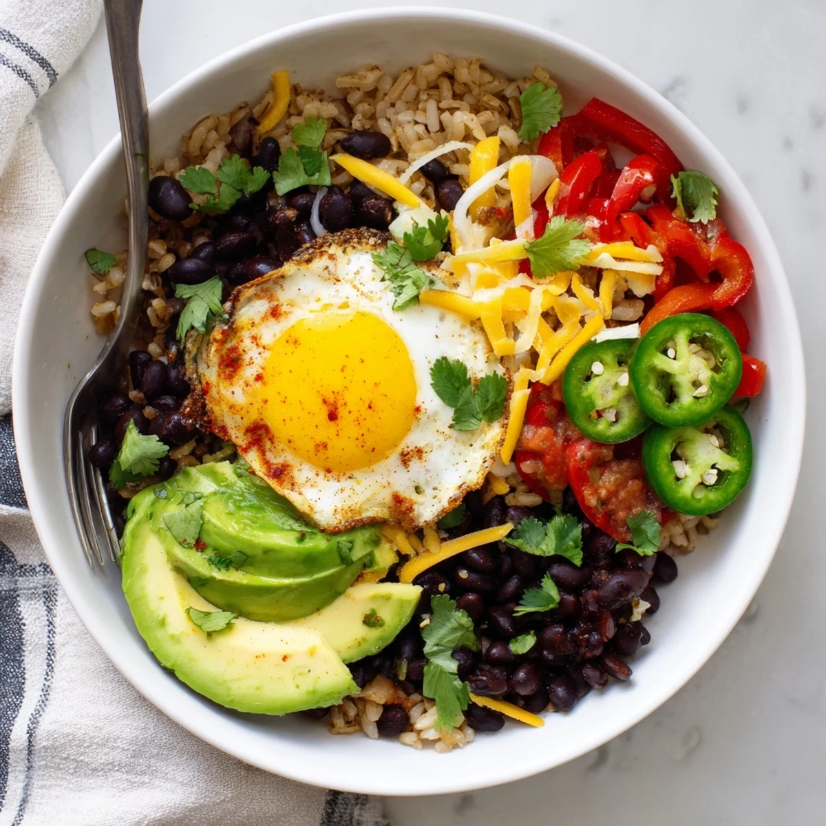 In this Tex Mex Inspired Breakfast Bowl, vibrant bell peppers and beans mingle with fluffy rice and cheese.