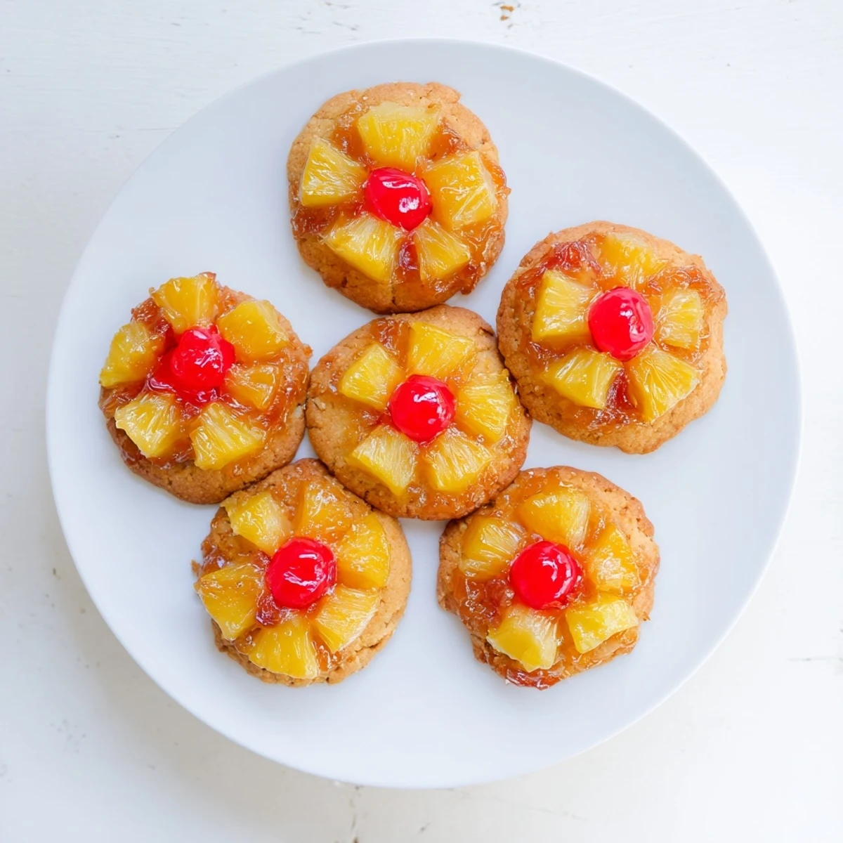 A close-up of a soft Pineapple Upside Down Sugar Cookie reveals moist crumb and rich brown sugar glaze.