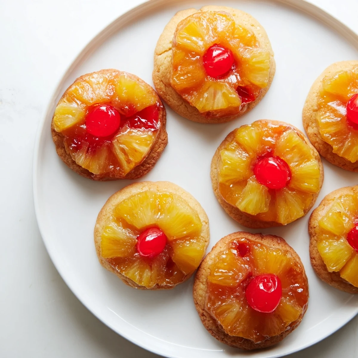 Golden caramelized pineapple and a bright red cherry topping glisten on a freshly baked Pineapple Upside Down Sugar Cookie.