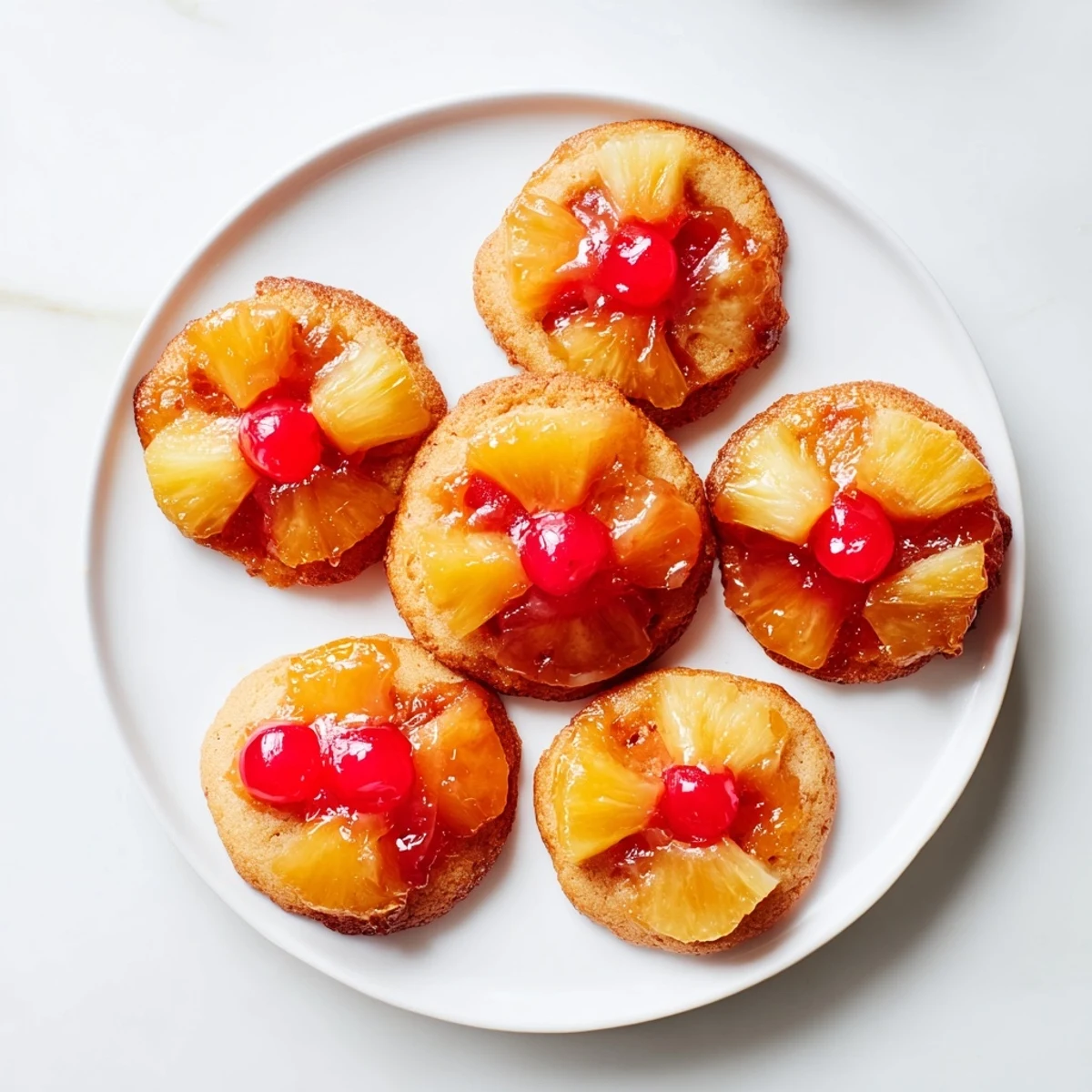 Stack of warm Pineapple Upside Down Sugar Cookies ready to serve, perfect with a scoop of vanilla ice cream.