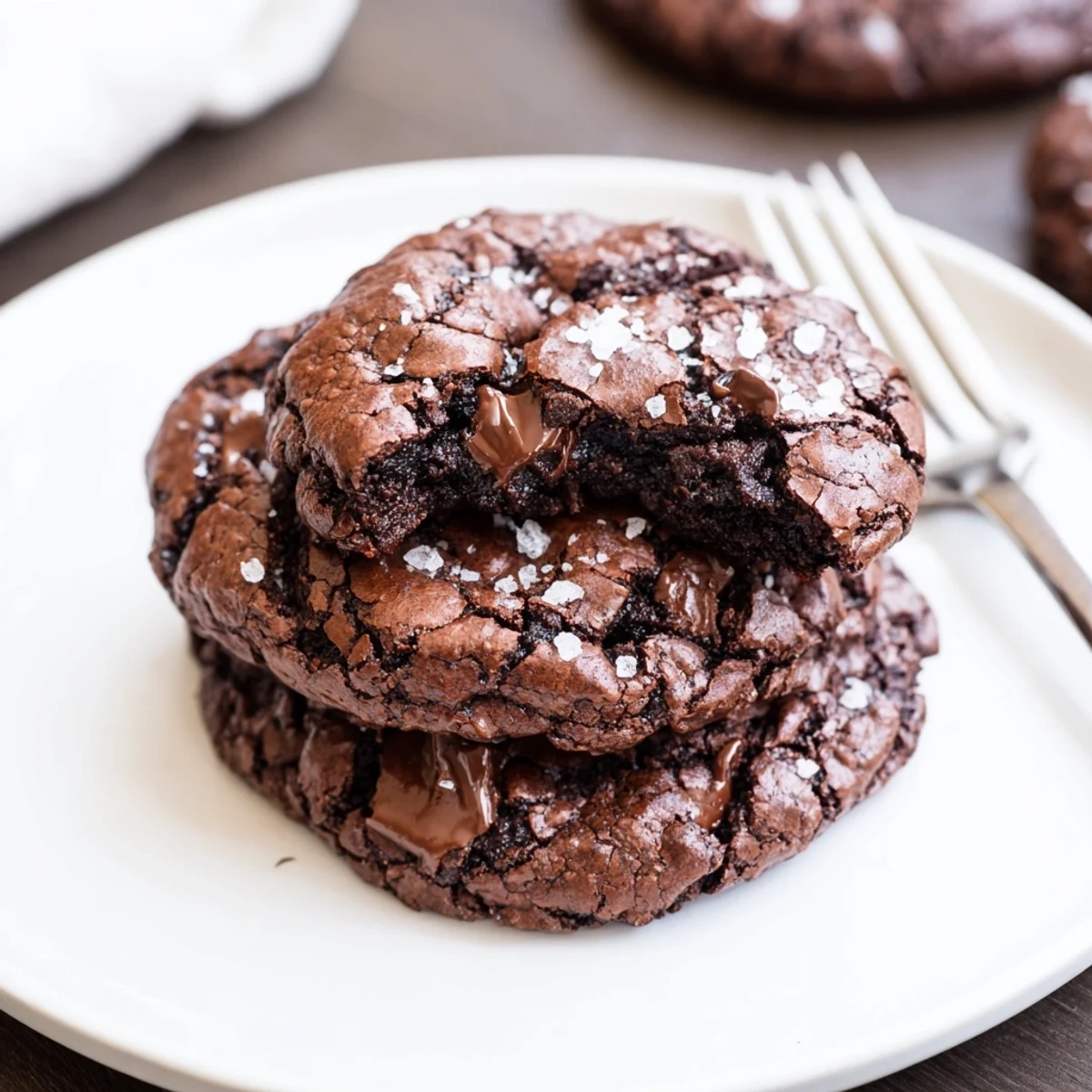 Fudgy Gourmet Brownie Cookies with a crackly top and rich chocolate chips, served warm.