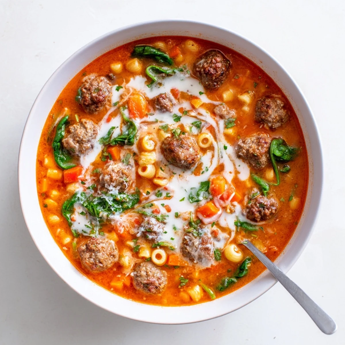 A close-up of Creamy Italian Meatball Soup in a rustic bowl, with tender meatballs and fresh basil garnish. 