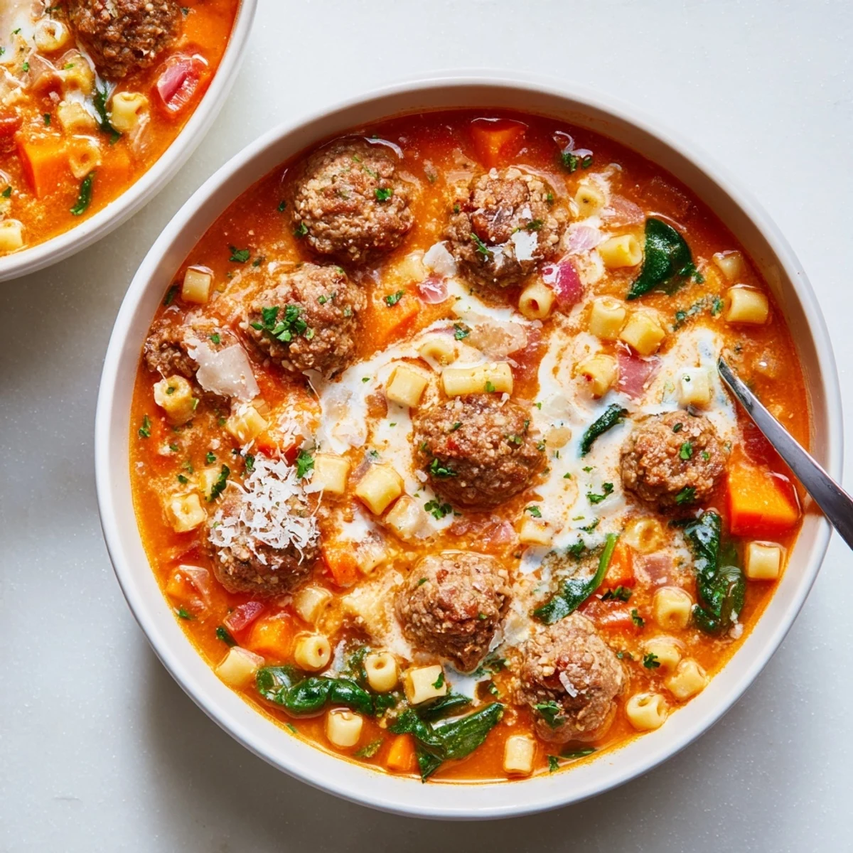 Creamy Italian Meatball Soup steams warmly beside crusty bread and Parmesan cheese on a wooden table. 