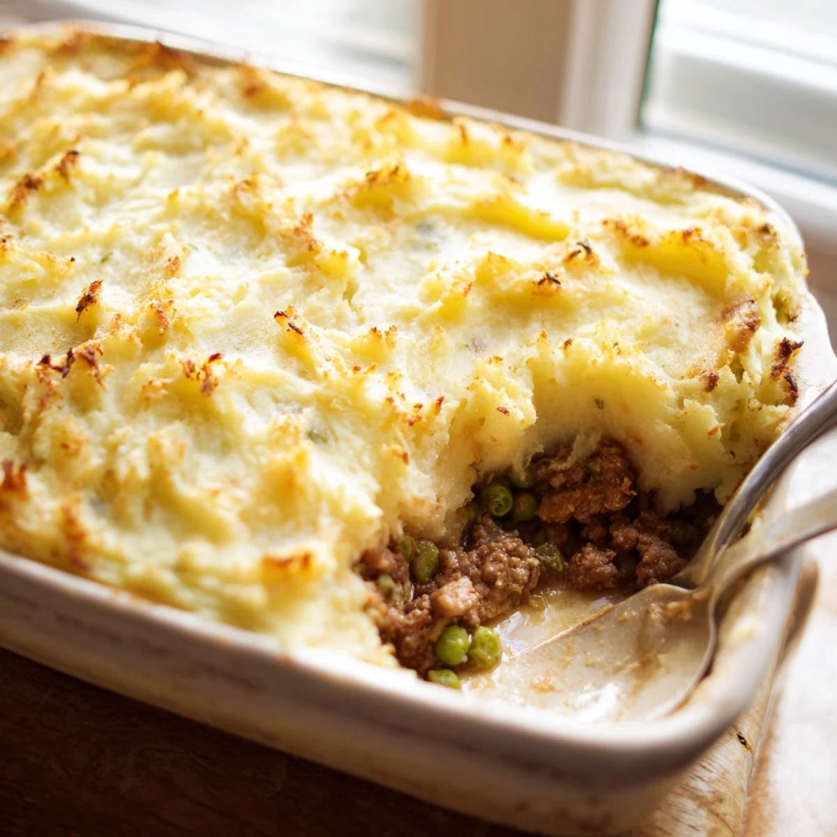 A top-down view of Shepherd's Pie with Creamy Garlic Mashed Potatoes, featuring golden, rustic swirls and bubbling filling peeking out from the edges.  
