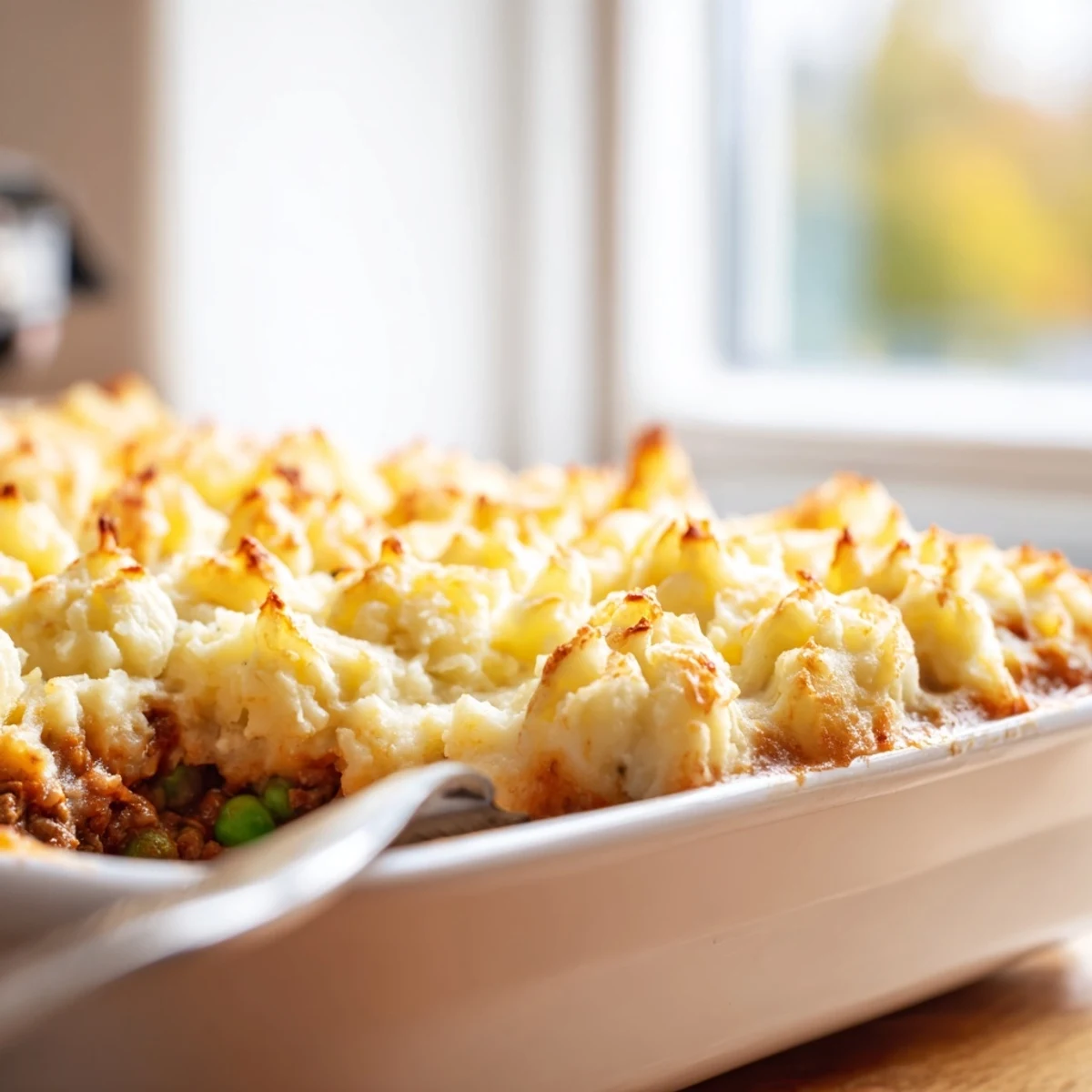 Close-up of Shepherd's Pie with Creamy Garlic Mashed Potatoes, highlighting the fluffy, buttery potato peaks and savory meat filling with peas and carrots.  