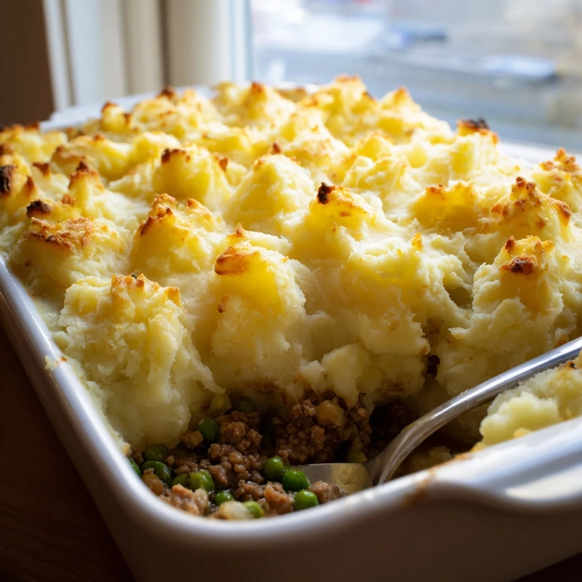 A rustic serving of Shepherd's Pie with Creamy Garlic Mashed Potatoes in a ceramic dish, ready to be enjoyed with a side salad on a wooden table.