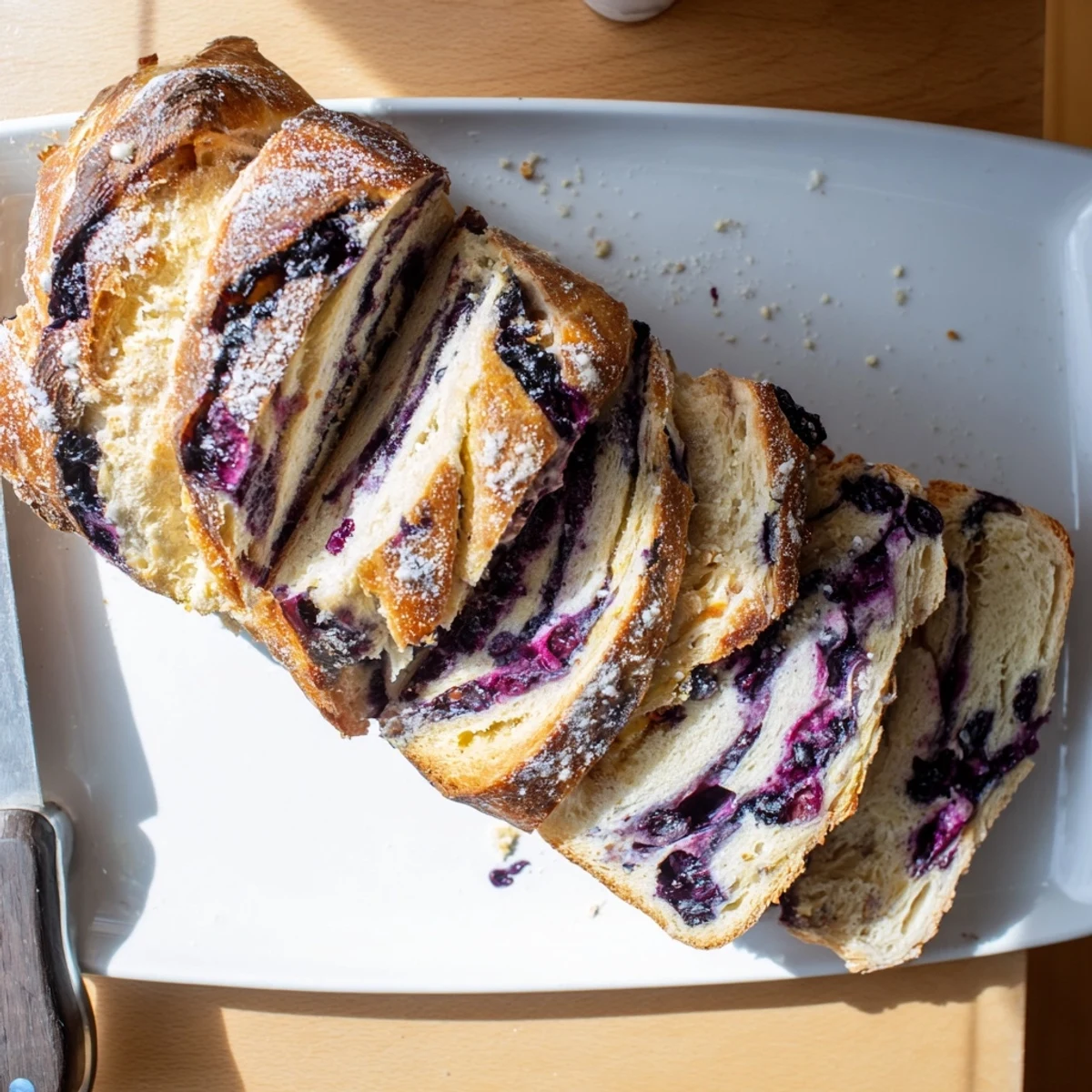 Blueberry Lemon Cream Cheese Sourdough is sliced open to reveal a fluffy crumb with swirls of creamy cheese, fresh berries, and lemon.  