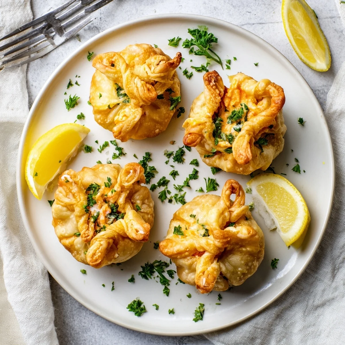 Cheesy Seafood Tortilla Bombs on a plate with dipping sauce and parsley garnish.