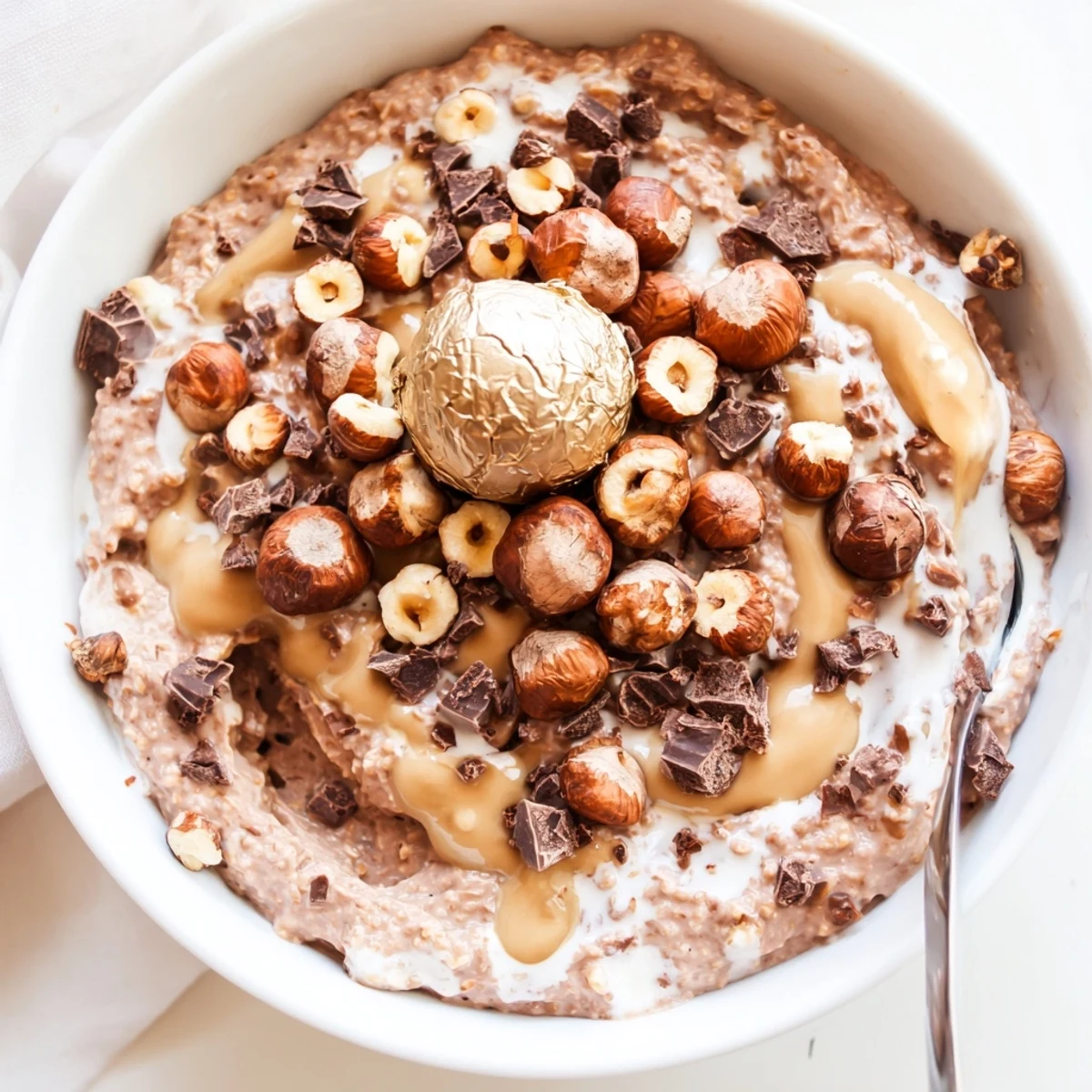 Creamy Ferrero Rocher Protein Overnight Oats layered in a glass jar, ready to eat for a nutritious breakfast. 