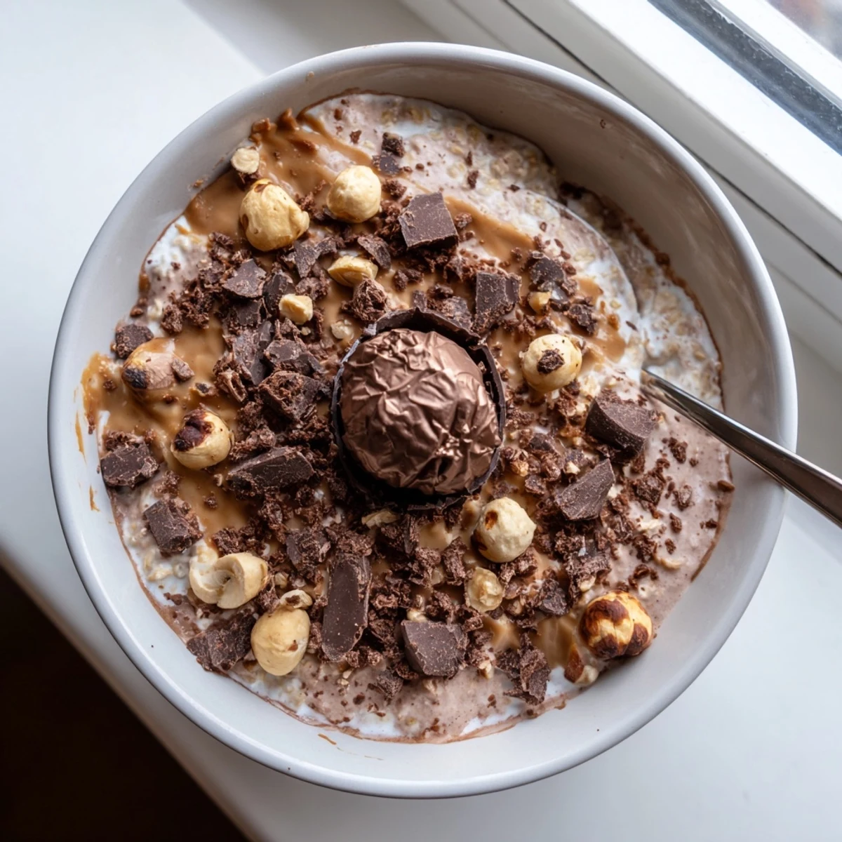 A jar of Ferrero Rocher Protein Overnight Oats topped with chopped hazelnuts and dark chocolate shavings. 