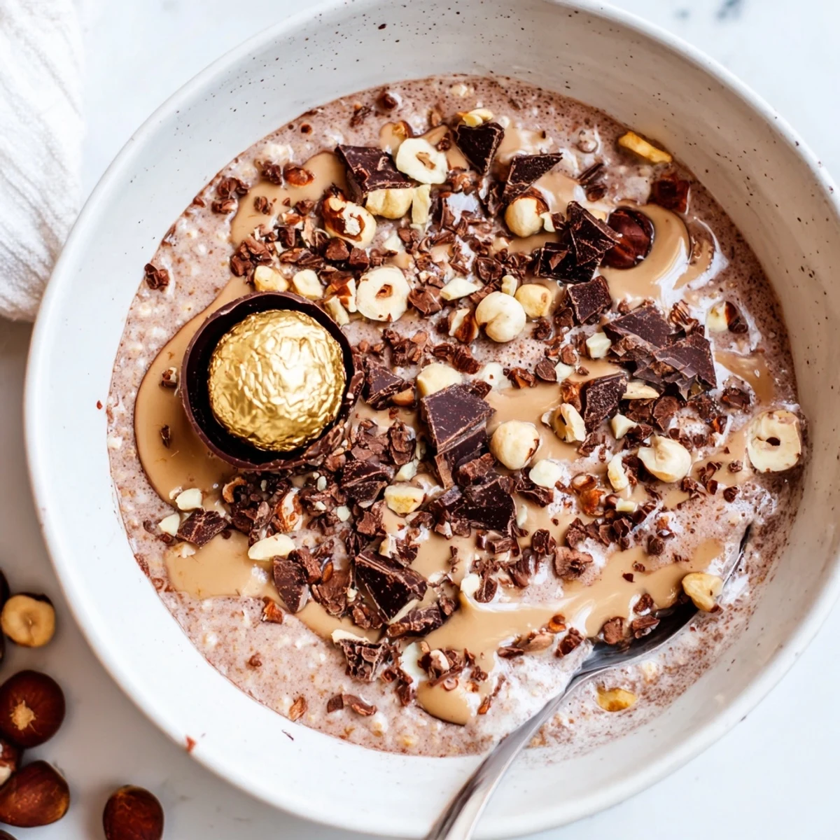 Close-up of Ferrero Rocher Protein Overnight Oats with a drizzle of hazelnut butter and half a chocolate garnish.