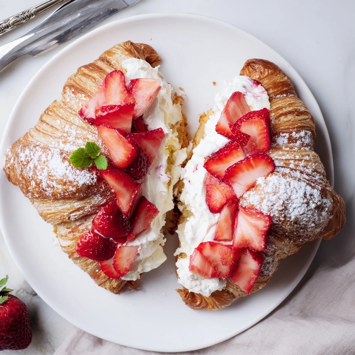Freshly assembled Strawberry Cream Croissant with vanilla cream and sliced strawberries on a white plate, ready to serve.
