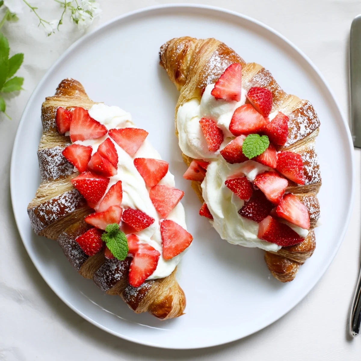 Golden-baked Strawberry Cream Croissant filled with luscious vanilla cream and topped with fresh strawberries and powdered sugar.