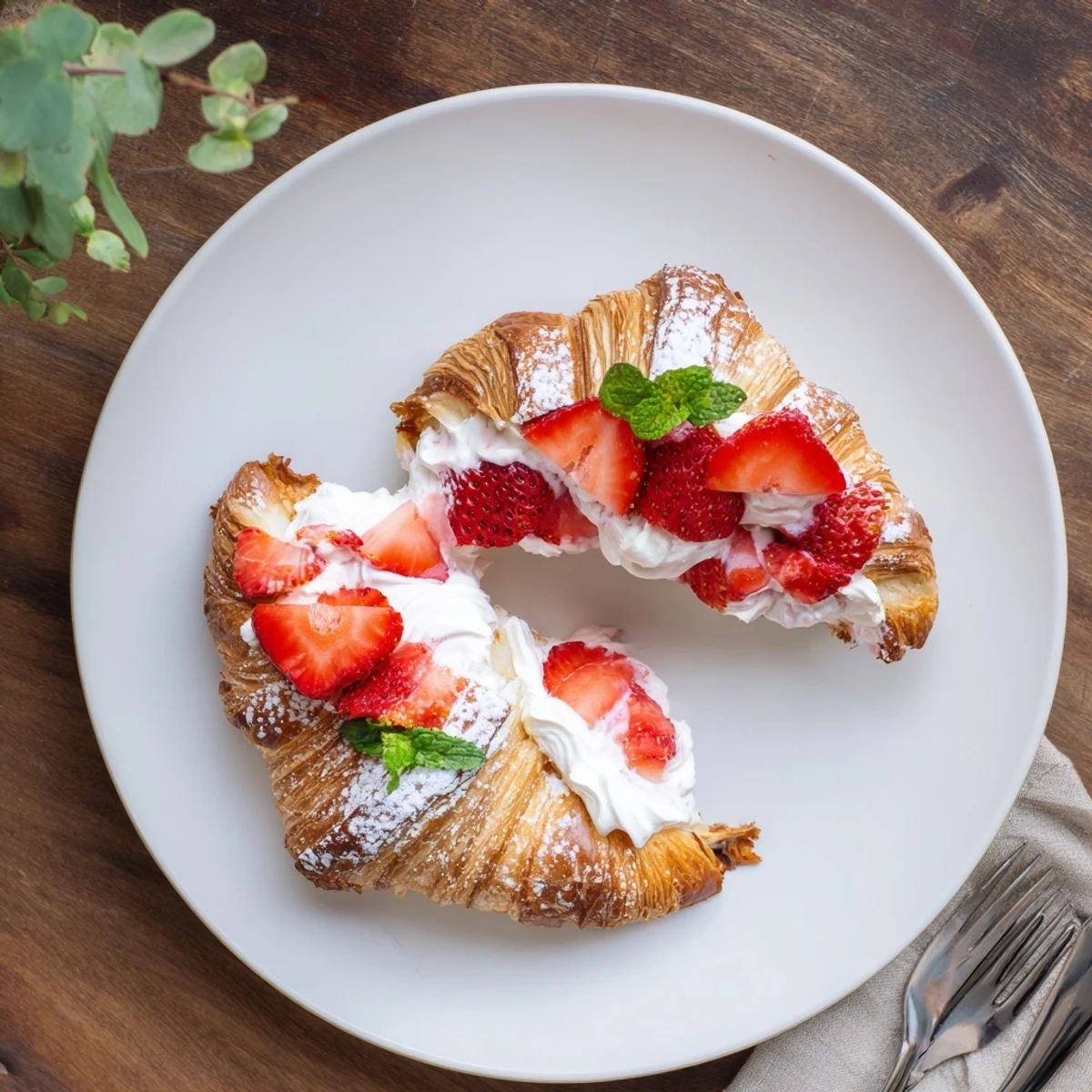 Close-up of a Strawberry Cream Croissant on a marble counter, showing flaky layers and creamy strawberry filling inside.
