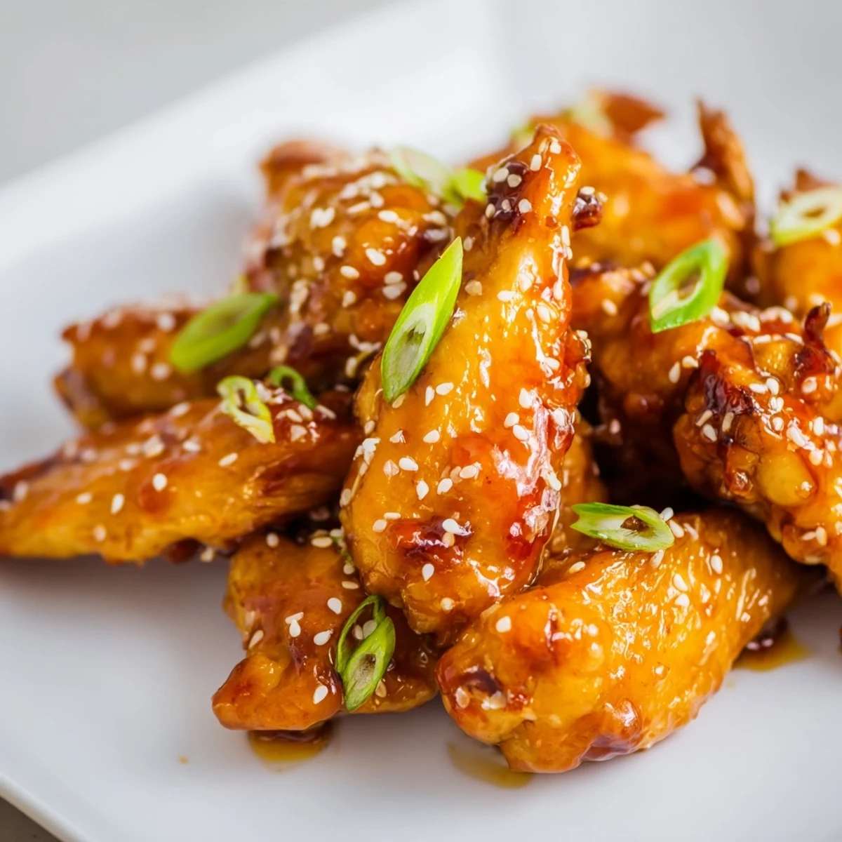 Sticky orange chicken wings with a glossy glaze, topped with fresh green onions and sesame seeds, ready for game day.  