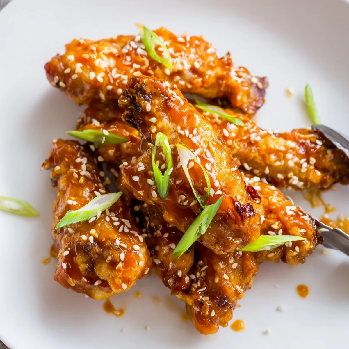 Golden-baked sticky orange chicken wings arranged on a platter with sesame seeds and sliced green onions, served with steamed rice.  