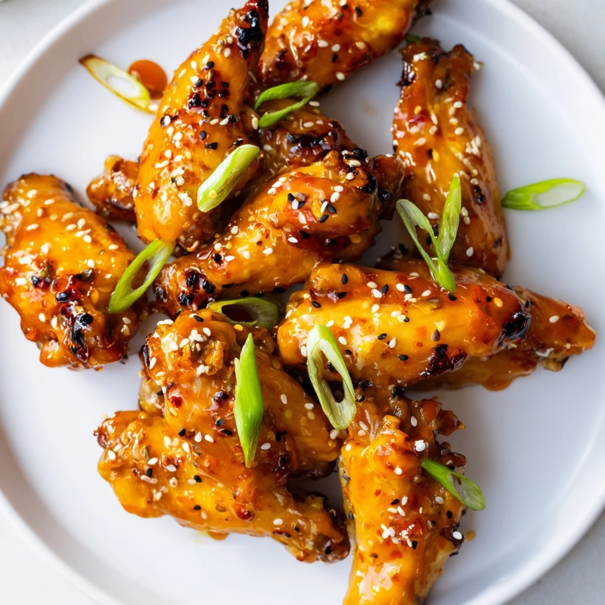 Close-up of sticky orange chicken wings, glistening with sweet and tangy sauce, garnished with green onions and sesame seeds.