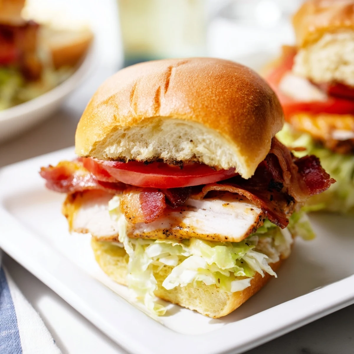 A close-up view shows the Honey Mustard BLT Chicken Sliders ready to serve at a summer barbecue on a wooden board.