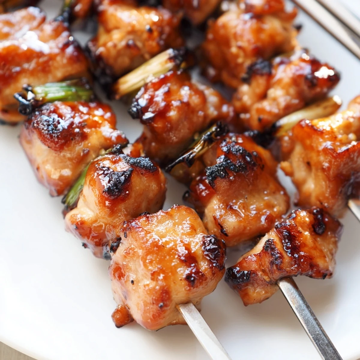 Grilled Japanese Chicken Yakitori skewers served on a ceramic platter with extra sauce and sake