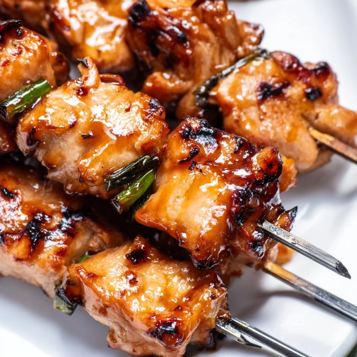 Golden-brown Japanese Chicken Yakitori skewers glistening with tare sauce on a wooden plate with scallions