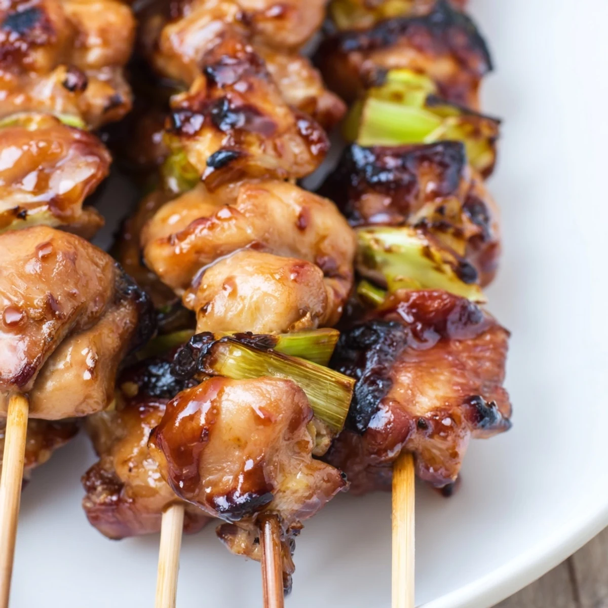 Savory Japanese Chicken Yakitori arranged on a bamboo board, showcasing juicy chicken and charred edges