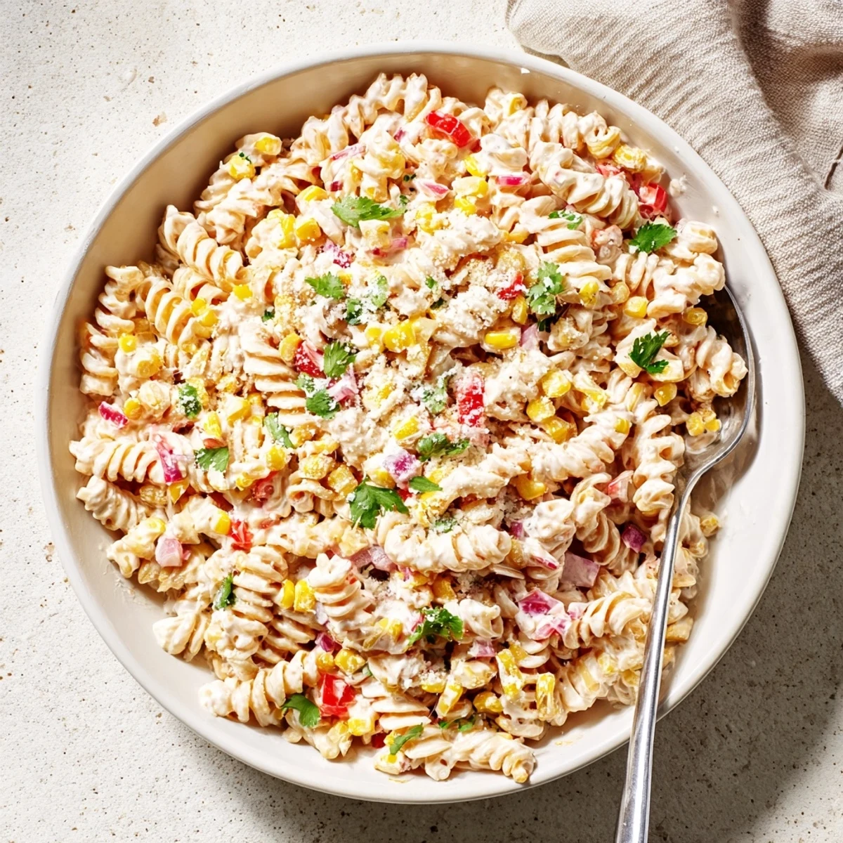 Creamy Mexican Street Corn Pasta Salad in a white bowl, garnished with cotija cheese and fresh cilantro leaves.