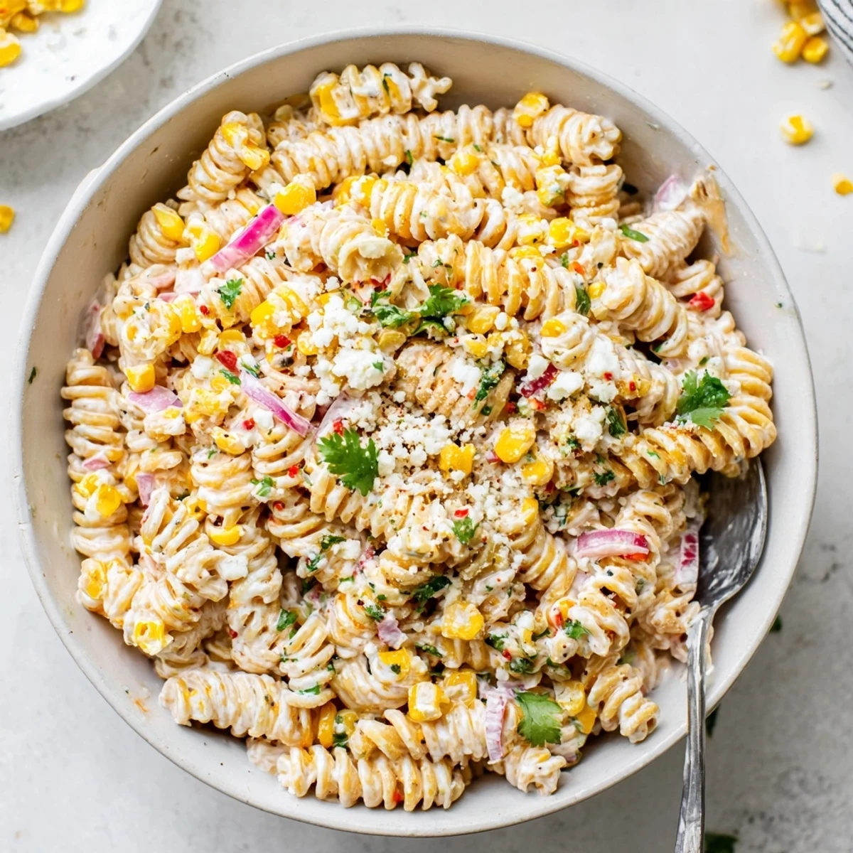 Chilled Mexican Street Corn Pasta Salad served on a platter, sprinkled with chili powder and diced jalapeños.