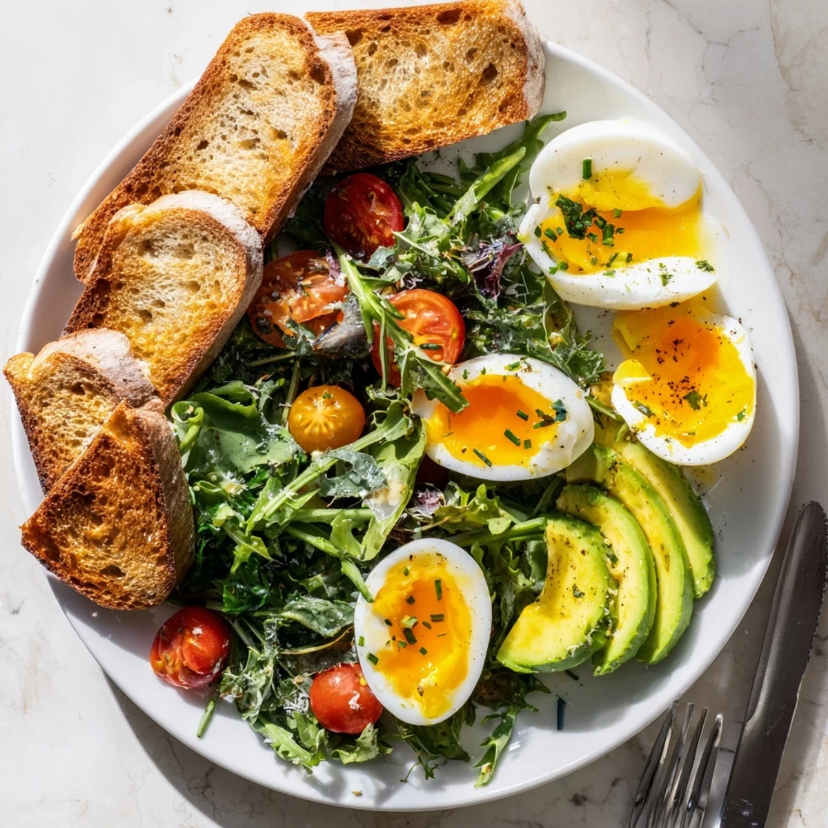 Perfectly soft-boiled eggs, golden toasted sourdough, and fresh mixed greens on a white plate for the Savory Breakfast Plate.