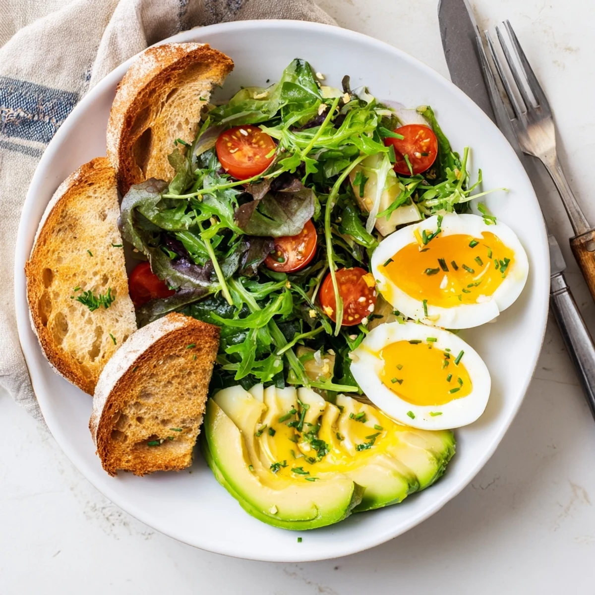 A vibrant Savory Breakfast Plate with creamy avocado, juicy cherry tomatoes, and a drizzle of lemony olive oil dressing.