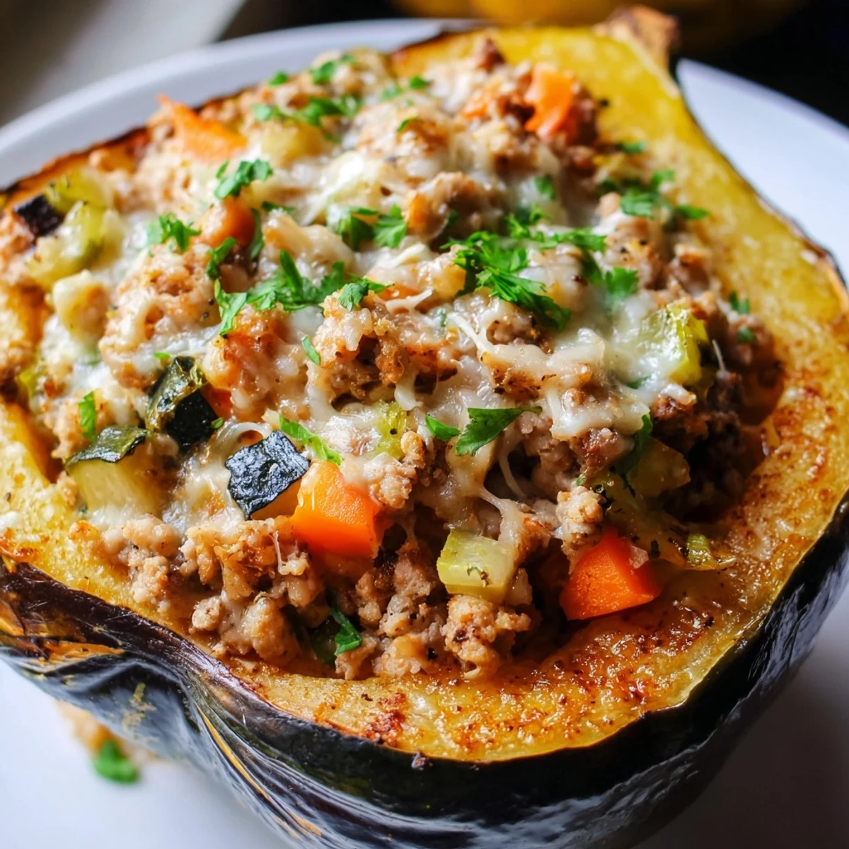 Warm Turkey Stuffed Acorn Squash with golden melted Parmesan and a hint of sage.