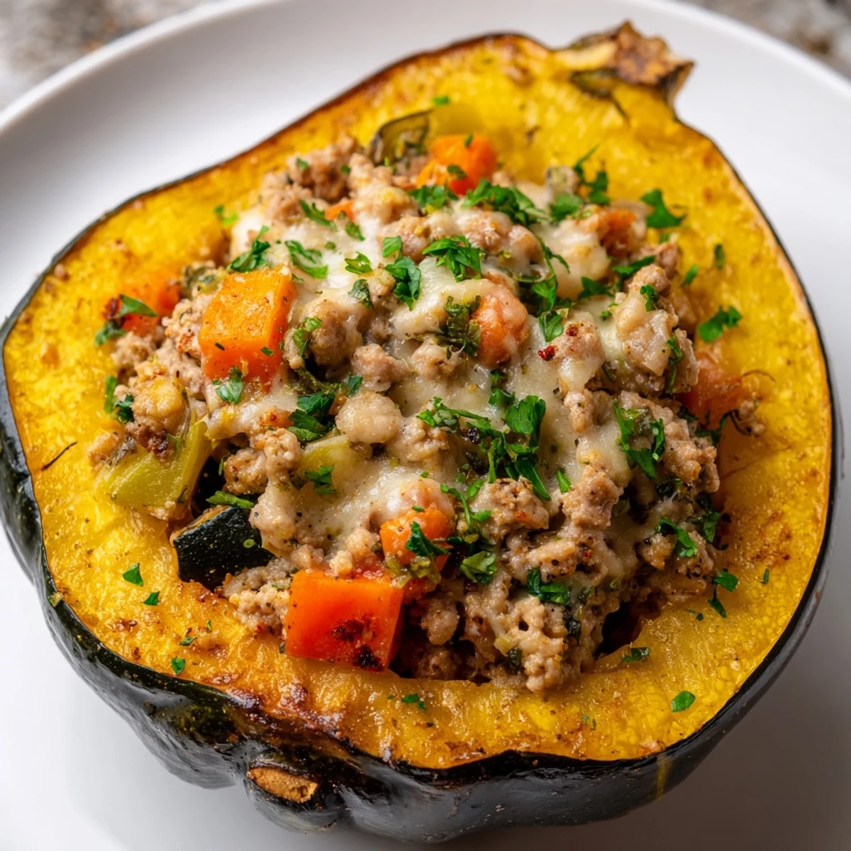 Hearty autumn Turkey Stuffed Acorn Squash served hot with a side of sautéed greens.