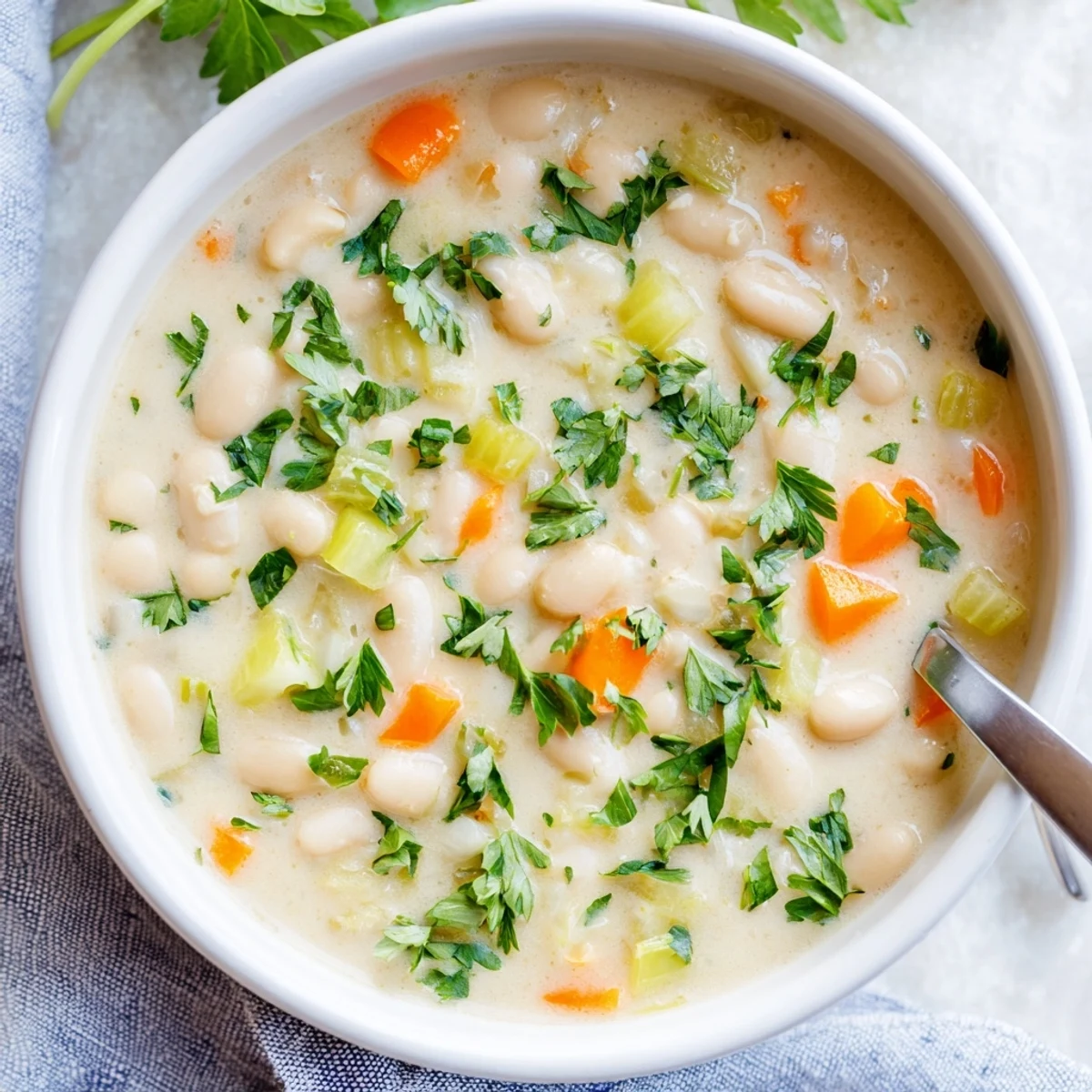 Steaming bowl of rosemary garlic white bean soup beside carrots celery and a slice of bread.