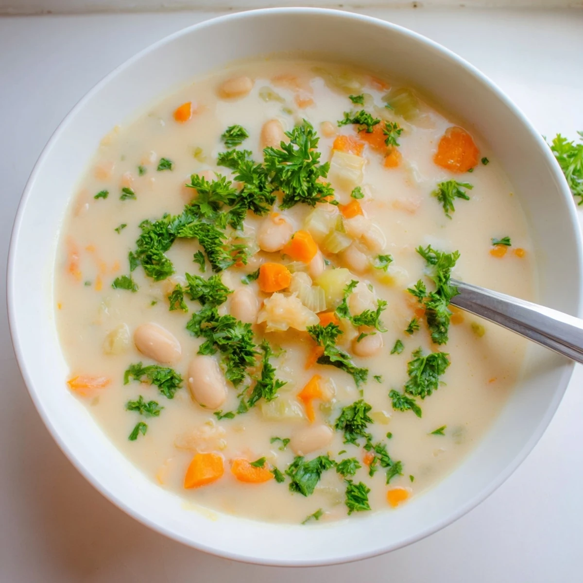 Rustic rosemary garlic white bean soup in a ceramic bowl with lemon juice swirl and herb garnish.