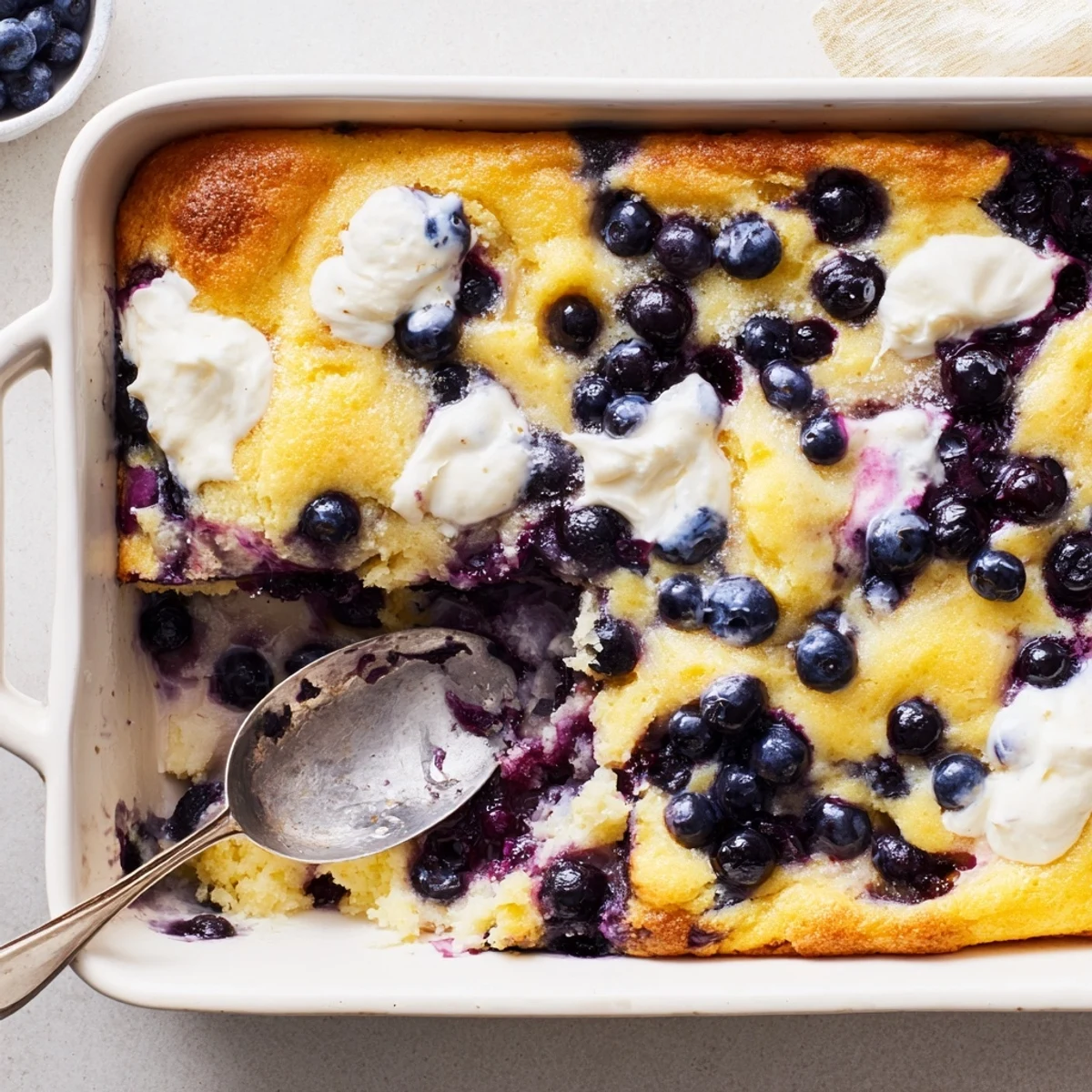 Golden, bubbly Lemon Blueberry Cheesecake Dump Cake cooling on a wire rack, with fresh lemon zest and berries on top.