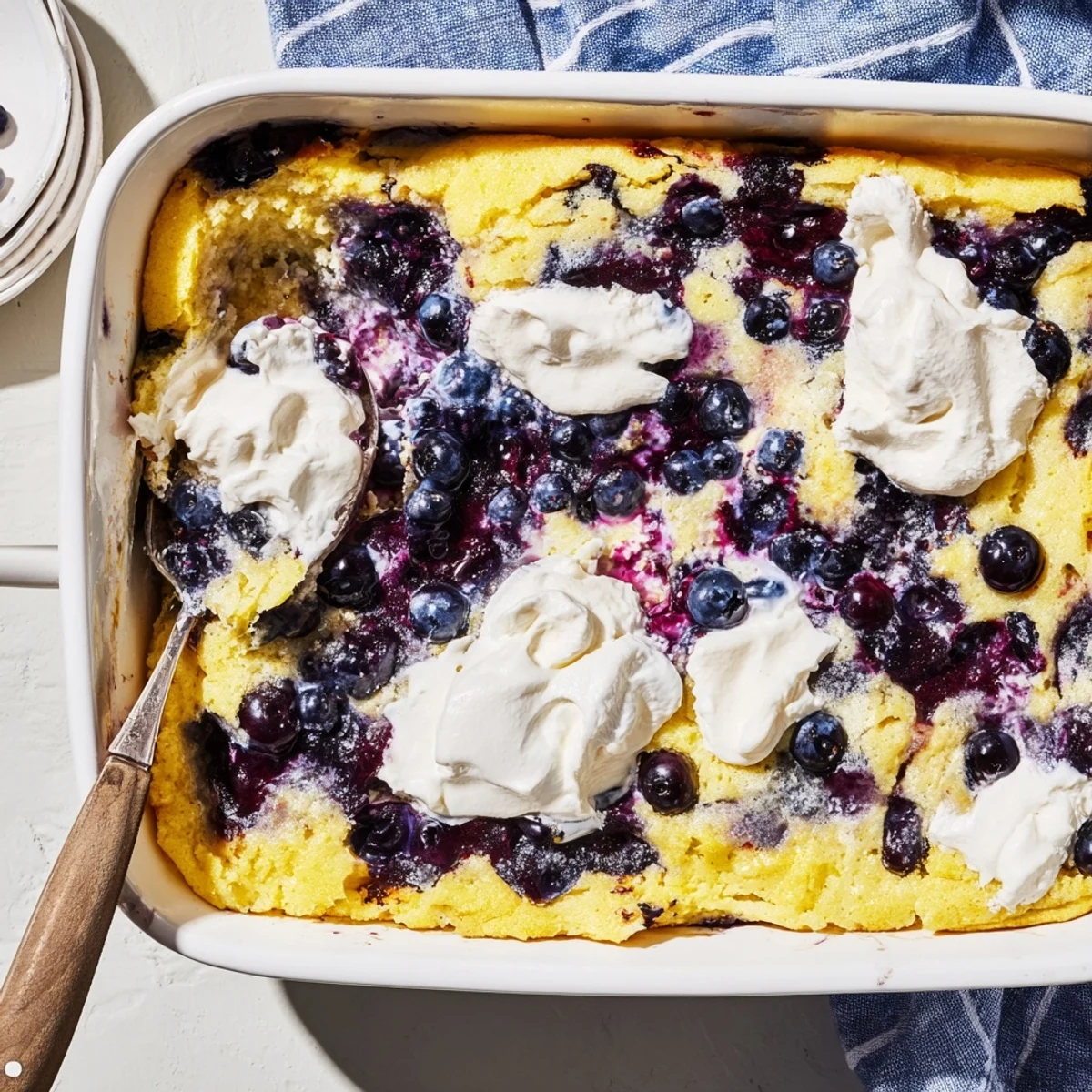 A close-up of warm Lemon Blueberry Cheesecake Dump Cake, with creamy cheesecake pockets and vibrant blueberries on a rustic wooden table.
