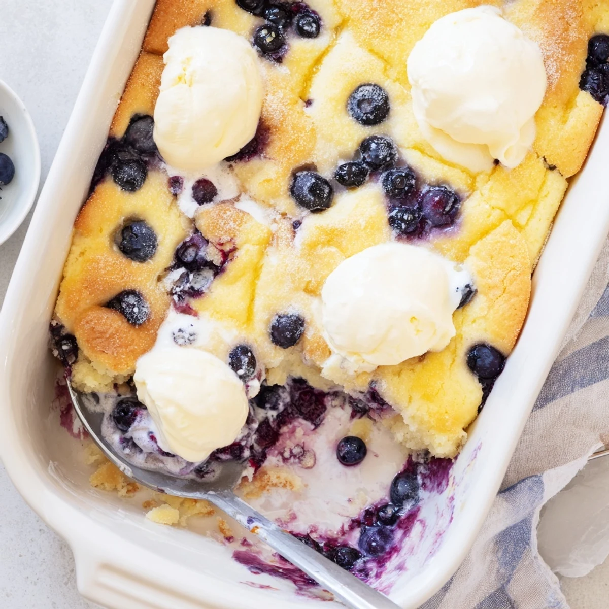Slice of Lemon Blueberry Cheesecake Dump Cake served on a white plate, topped with melting vanilla ice cream and a lemon twist.