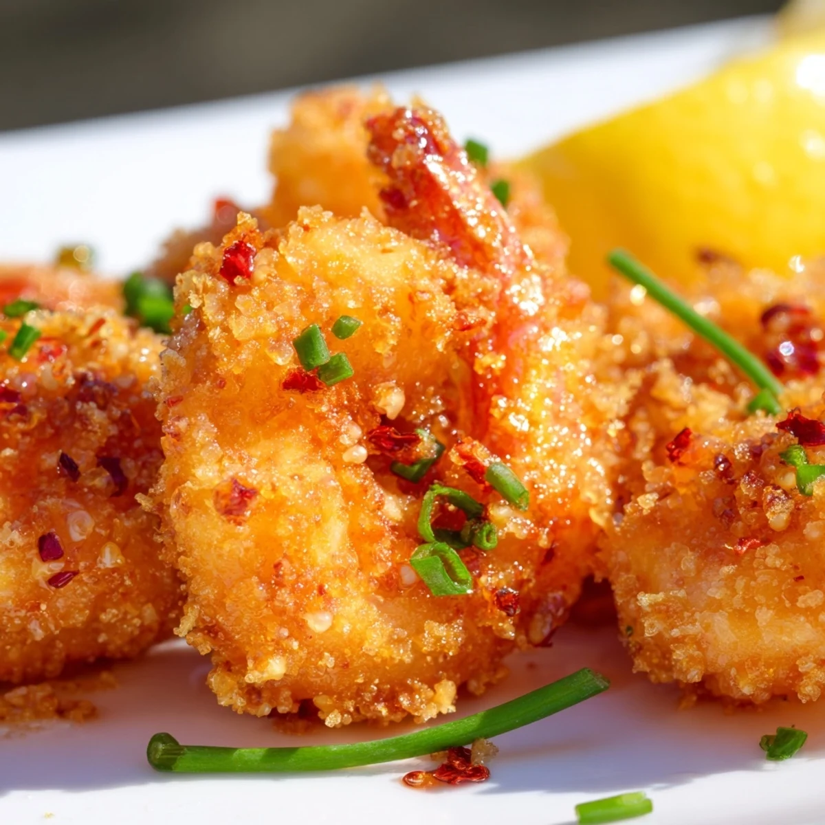 Freshly fried Hot Honey Fried Shrimp piled on a plate with lemon wedges and parsley.