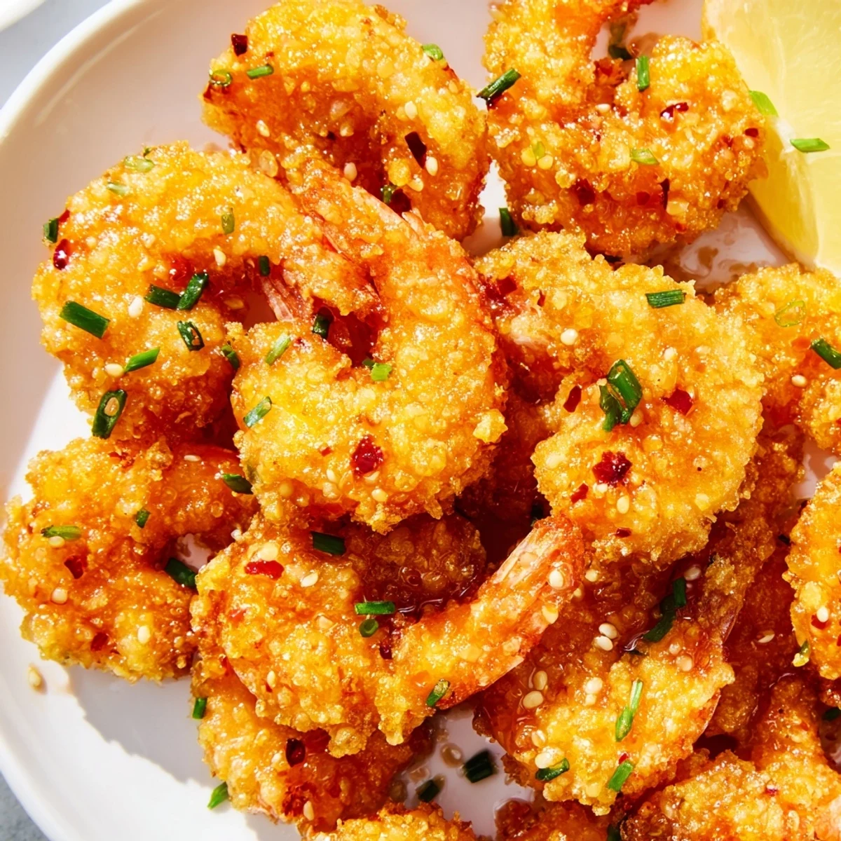 Hot Honey Fried Shrimp served hot with chives and lemon alongside sweet and spicy glaze.