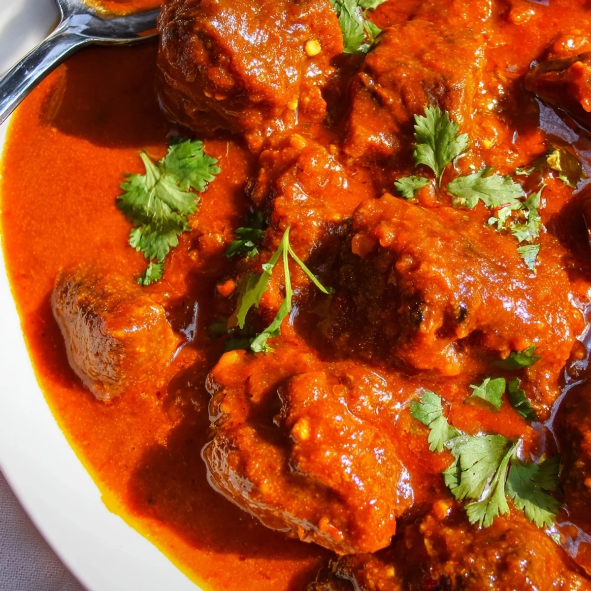 Golden-brown beef cubes simmer in a richly spiced Indian Beef Curry with Tomato Gravy, served with fluffy basmati rice.