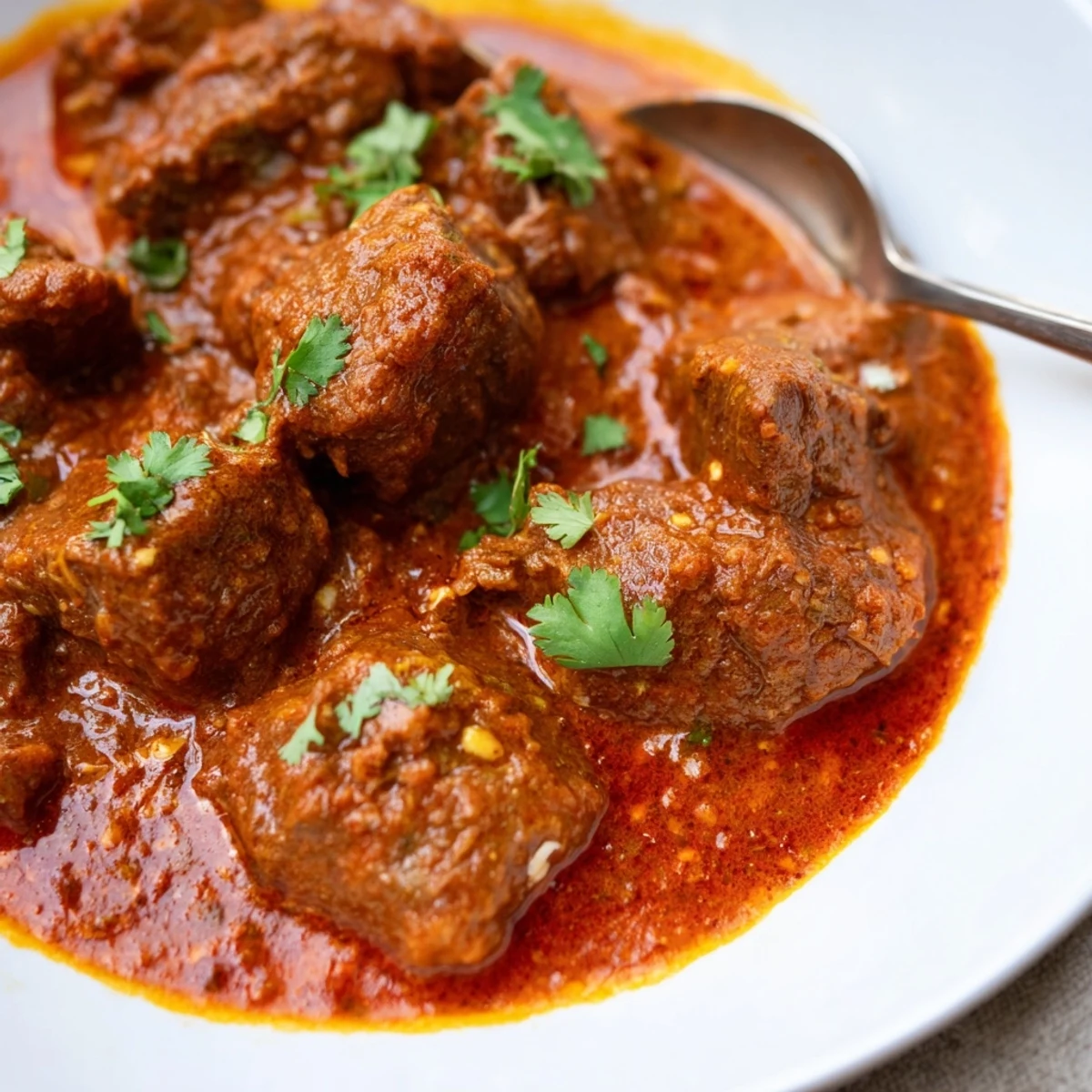 Aromatic Indian Beef Curry with Tomato Gravy in a rustic pot, featuring tender meat chunks and a deep, velvety sauce.
