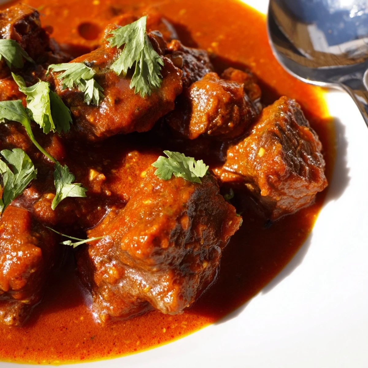 Steaming Indian Beef Curry with Tomato Gravy ladled over rice, garnished with cilantro and lemon wedges for a bright finish.