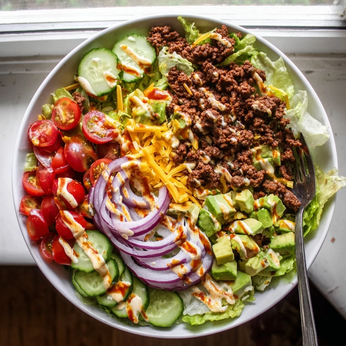 Juicy Burger Bowl topped with diced avocado, pickles, and onions drizzled with creamy burger sauce for a low carb dinner.
