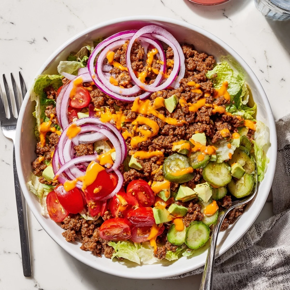 Freshly cooked ground beef rests on crisp romaine with cherry tomatoes and shredded cheddar in a vibrant Burger Bowl.