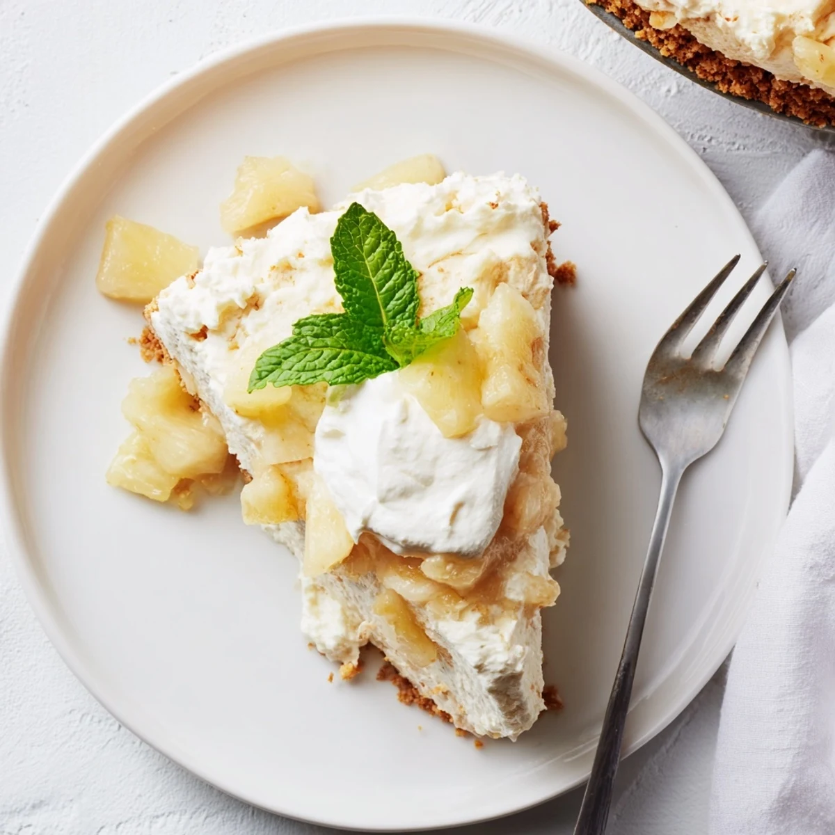 Creamy no bake pineapple cheesecake topped with golden pineapple chunks and fresh mint