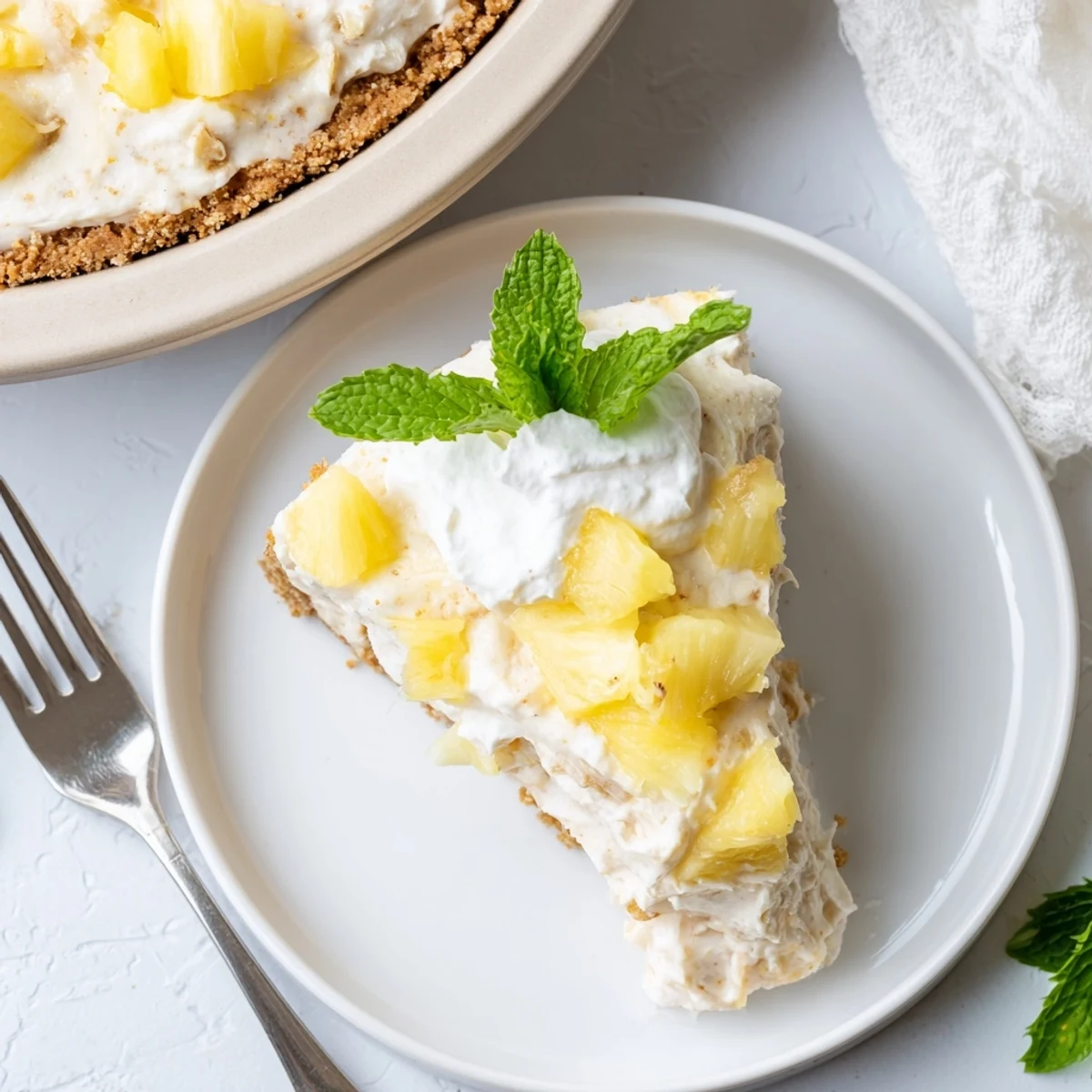 Slice of tropical no bake pineapple cheesecake on graham cracker crust with whipped cream