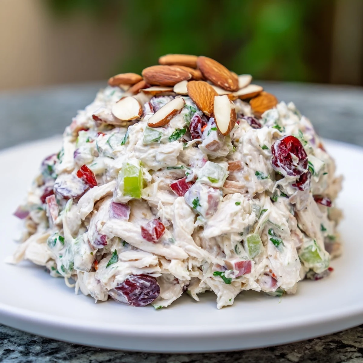 Healthy Greek yogurt rotisserie chicken salad piled onto whole grain crackers with fresh parsley garnish