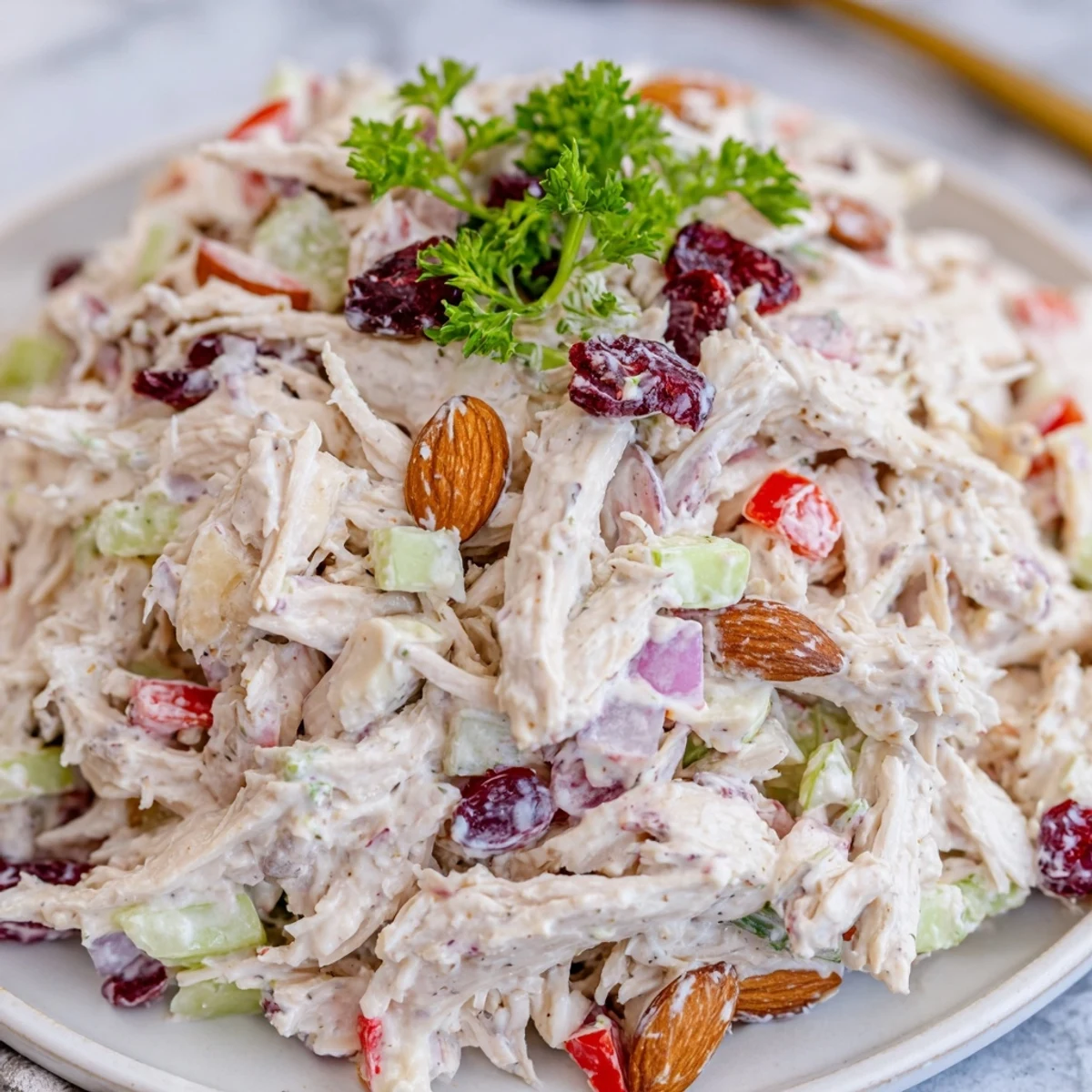 Vibrant bowl of Greek yogurt rotisserie chicken salad featuring diced vegetables and tender shredded chicken meat