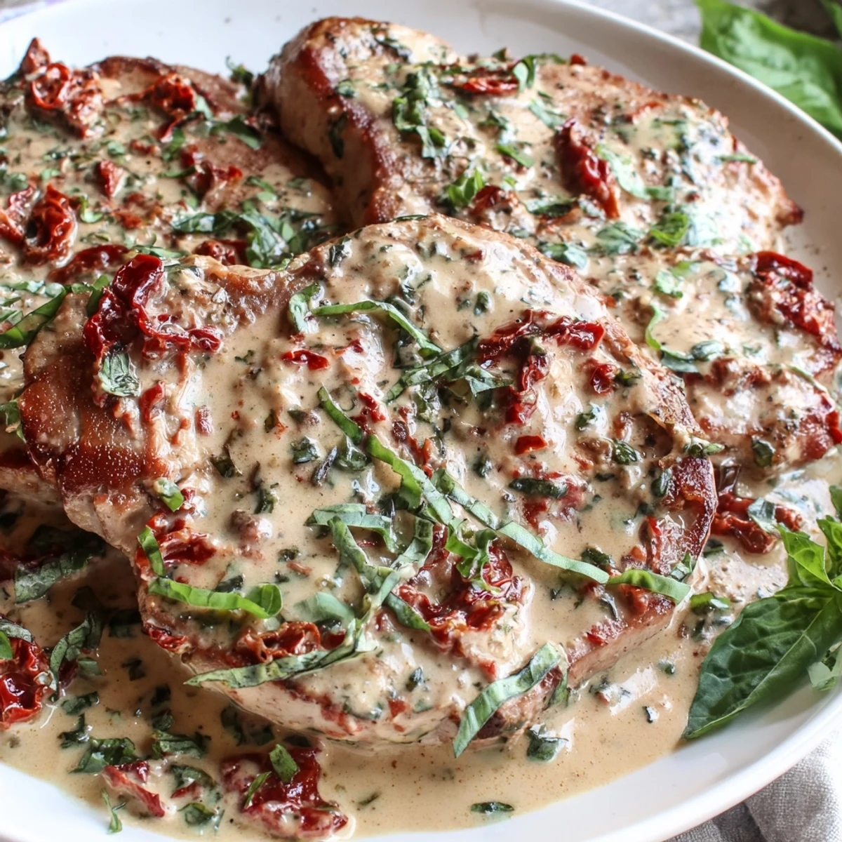 Golden seared Marry Me pork chops resting in a rich creamy parmesan sun-dried tomato sauce with fresh basil