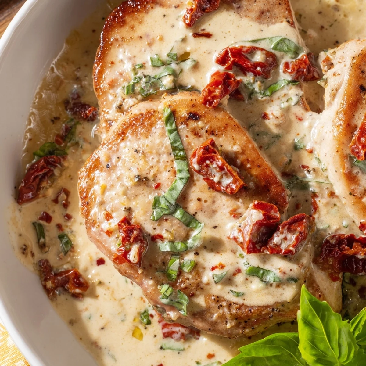 Tender Marry Me pork chops simmered in a velvety white sauce dotted with vibrant red sun-dried tomatoes